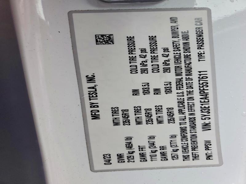 2023 Tesla Model 3 მანქანა იყიდება აუქციონზე, vin: 5YJ3E1EA4PF557611, აუქციონის ნომერი: 54755866