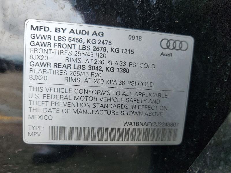 52495156 :رقم المزاد ، WA1BNAFY2J2243807 vin ، 2018 Audi Q5 مزاد بيع