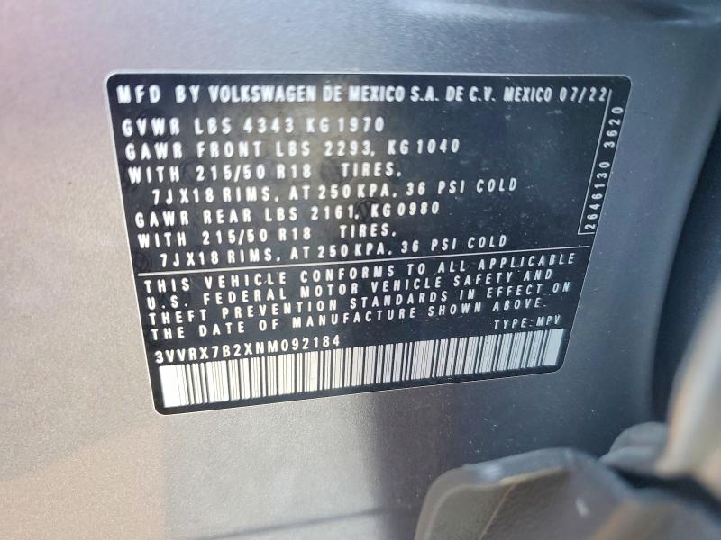Aukcja sprzedaży 2022 Volkswagen Taos, vin: 3VVRX7B2XNM092184, numer aukcji: 52658876