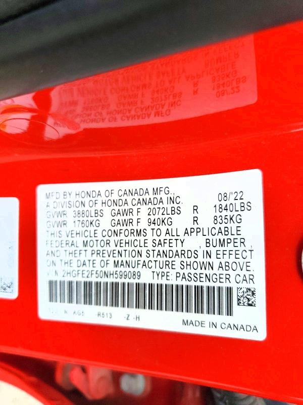 Продажа на аукционе авто 2022 Honda Civic, vin: 2HGFE2F50NH599089, номер лота: 55193776