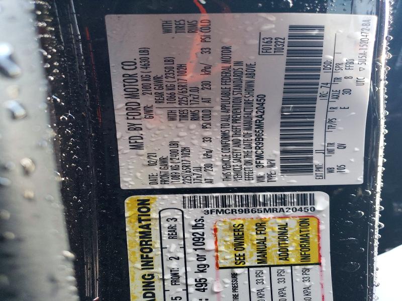 2021 Ford Bronco Sport მანქანა იყიდება აუქციონზე, vin: 3FMCR9B65MRA20450, აუქციონის ნომერი: 55193336