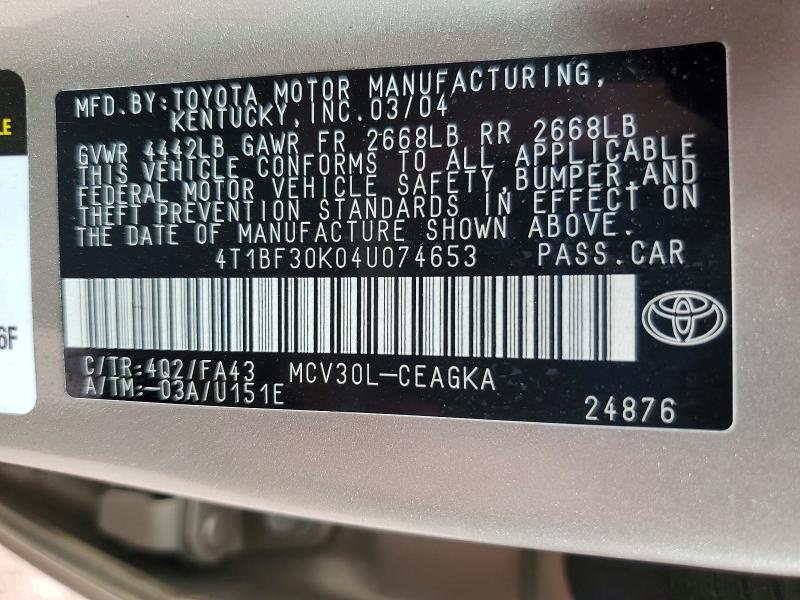 55025296 :رقم المزاد ، 4T1BF30K04U074653 vin ، 2004 Toyota Camry مزاد بيع