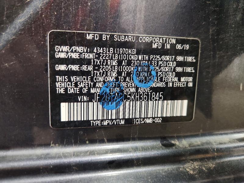 2019 Subaru Crosstrek მანქანა იყიდება აუქციონზე, vin: JF2GTACC5KH361845, აუქციონის ნომერი: 54613976