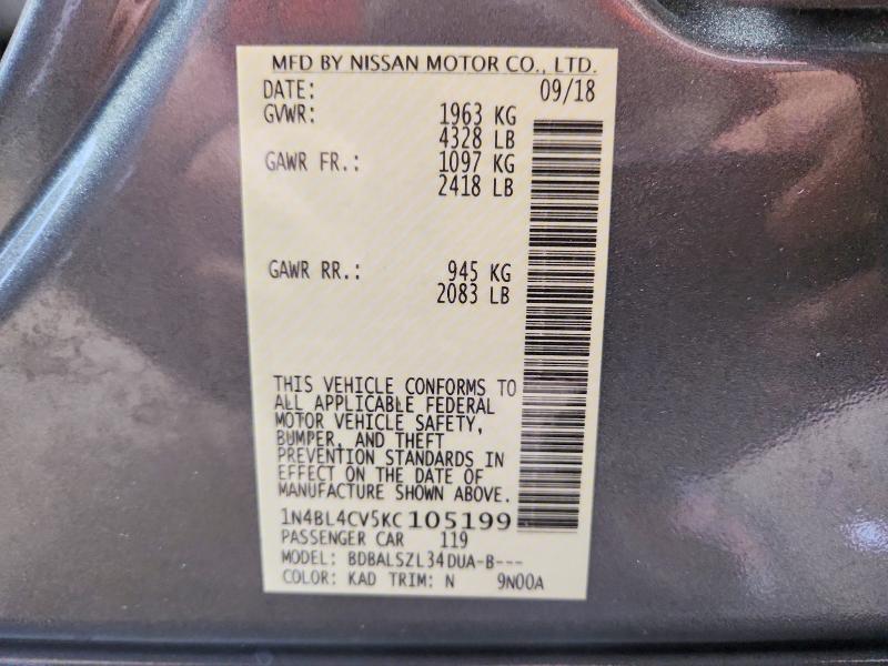 54669896 :رقم المزاد ، 1N4BL4CV5KC105199 vin ، 2019 Nissan Altima مزاد بيع