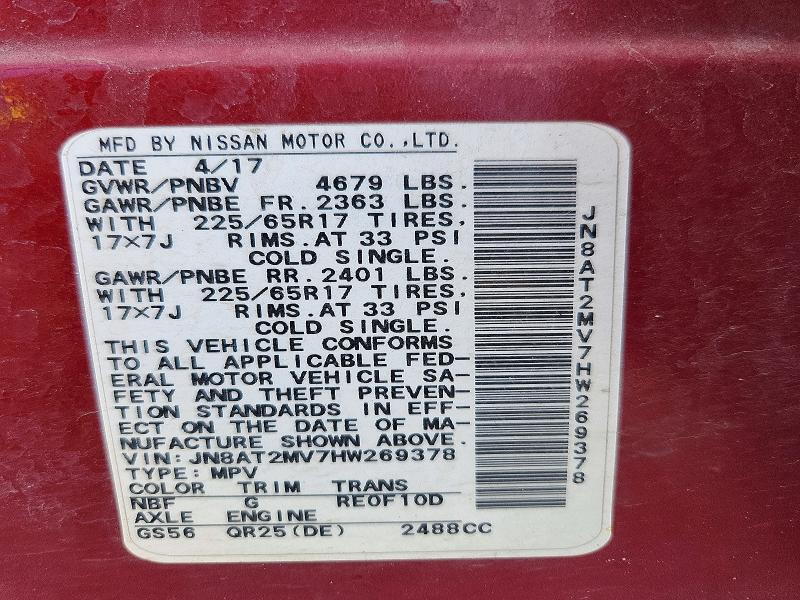 53038826 :رقم المزاد ، JN8AT2MV7HW269378 vin ، 2017 Nissan Rogue مزاد بيع
