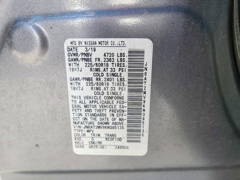 54267096 :رقم المزاد ، JN8AT2MV9KW395135 vin ، 2019 Nissan Rogue مزاد بيع