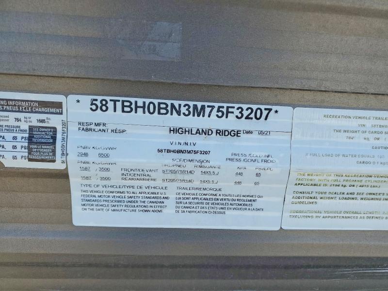 53448986 :رقم المزاد ، 58TBH0BN3M75F3207 vin ، 2021 Highland Ridge Open Range مزاد بيع