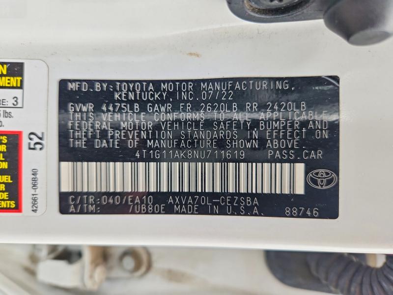 2022 Toyota Camry მანქანა იყიდება აუქციონზე, vin: 4T1G11AK8NU711619, აუქციონის ნომერი: 52384106