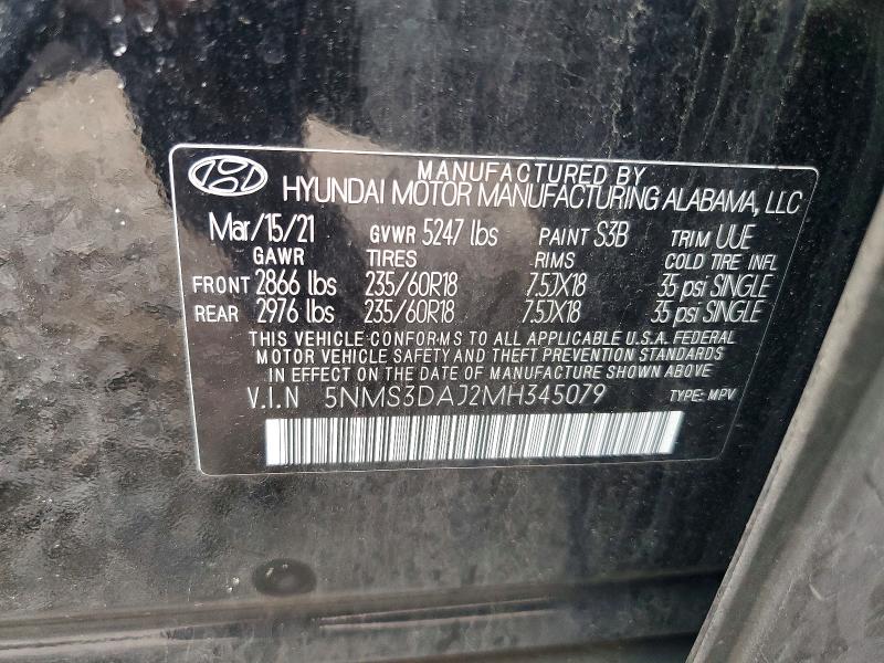 2021 Hyundai Santa Fe მანქანა იყიდება აუქციონზე, vin: 5NMS3DAJ2MH345079, აუქციონის ნომერი: 52444006