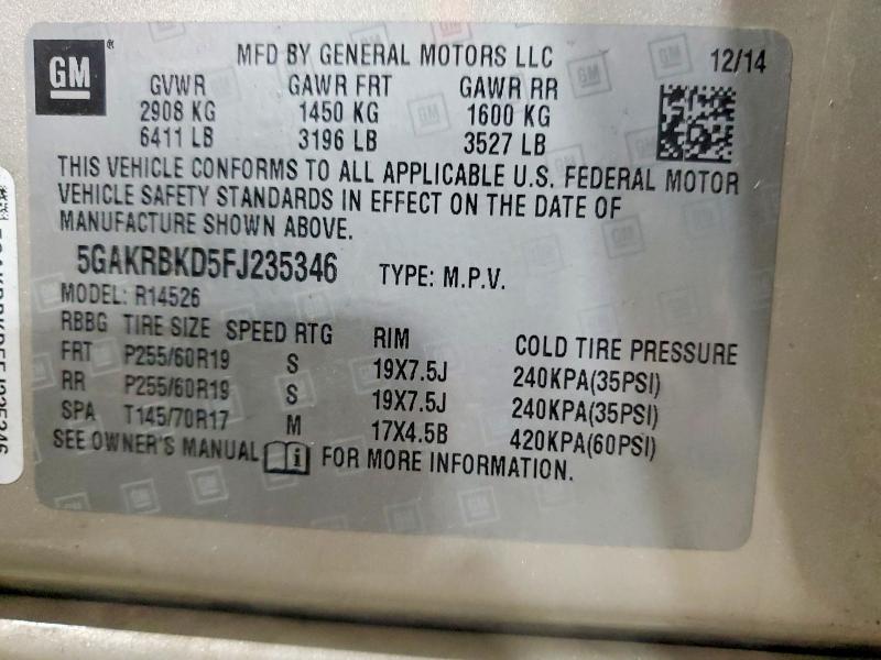 54650166 :رقم المزاد ، 5GAKRBKD5FJ235346 vin ، 2015 Buick Enclave مزاد بيع