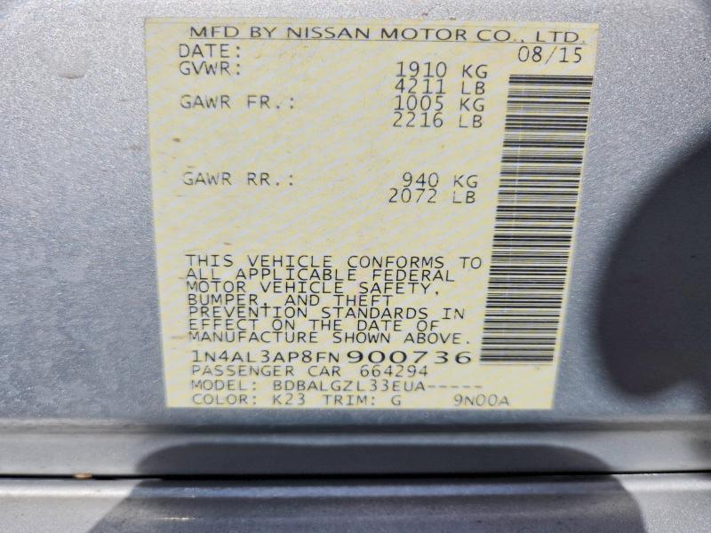 2015 Nissan Altima მანქანა იყიდება აუქციონზე, vin: 1N4AL3AP8FN900736, აუქციონის ნომერი: 53340586