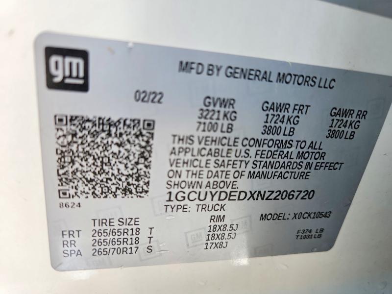 2022 Chevrolet Silverado Ltd მანქანა იყიდება აუქციონზე, vin: 1GCUYDEDXNZ206720, აუქციონის ნომერი: 52872566