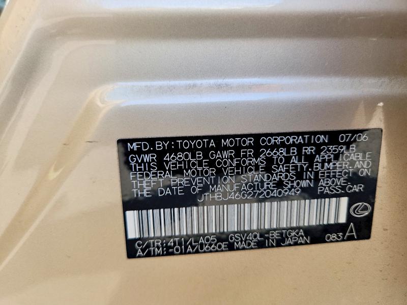 2007 Lexus Es მანქანა იყიდება აუქციონზე, vin: JTHBJ46G272040949, აუქციონის ნომერი: 54645266