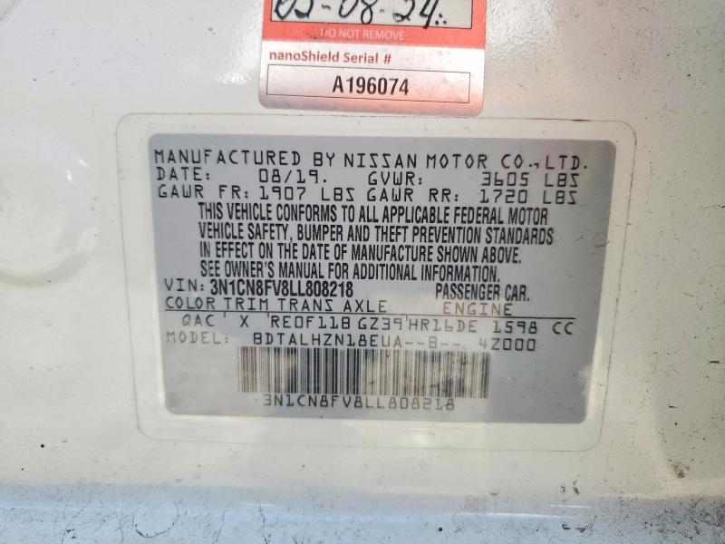 Продажа на аукционе авто 2020 Nissan Versa, vin: 3N1CN8FV8LL808218, номер лота: 54483216