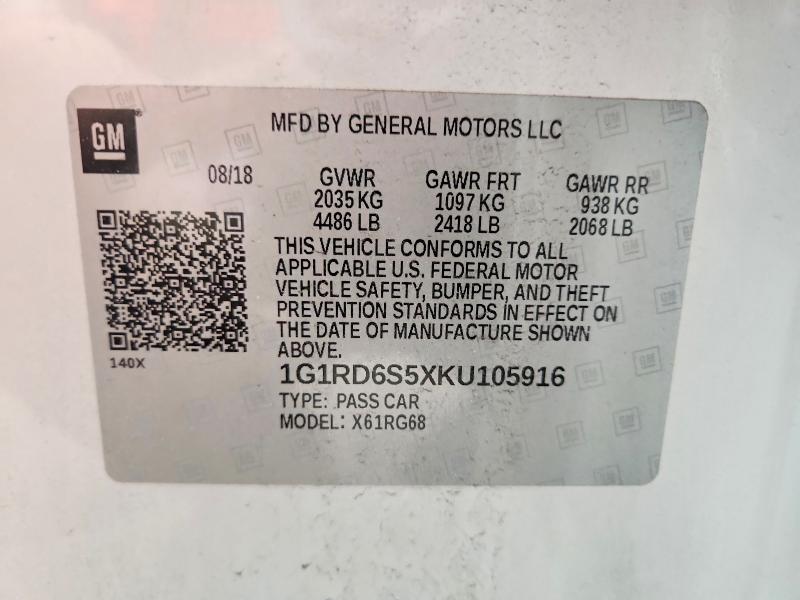 Продажа на аукционе авто 2019 Chevrolet Volt, vin: 1G1RD6S5XKU105916, номер лота: 54997106