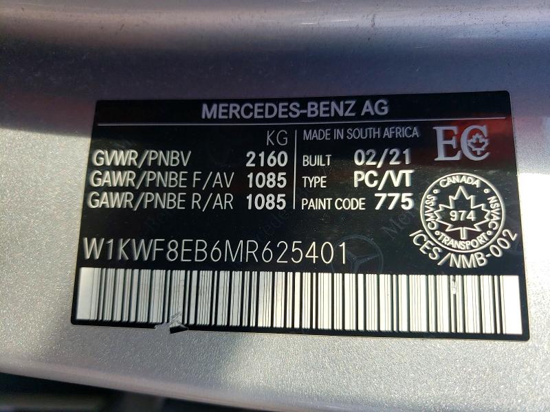 Aukcja sprzedaży 2021 Mercedes-benz C, vin: W1KWF8EB6MR625401, numer aukcji: 52044496