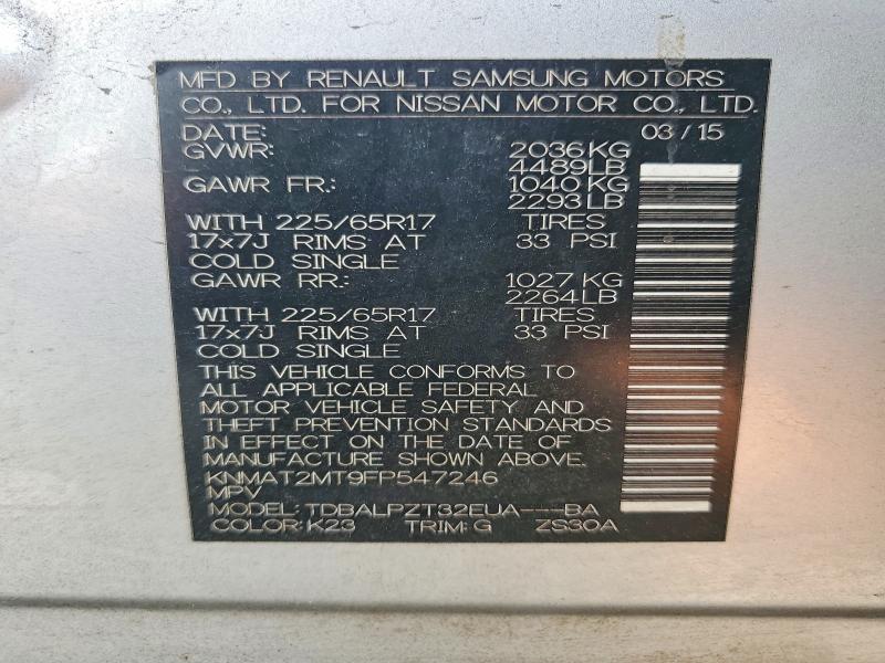 2015 Nissan Rogue მანქანა იყიდება აუქციონზე, vin: KNMAT2MT9FP547246, აუქციონის ნომერი: 55561736