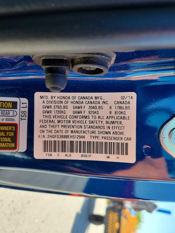 53080936 :رقم المزاد ، 2HGFG3B88EH512944 vin ، 2014 Honda Civic مزاد بيع
