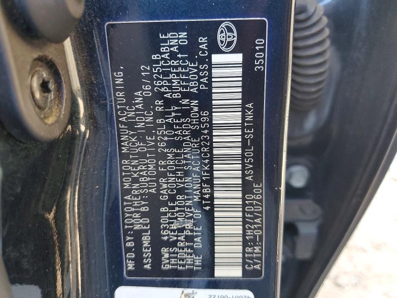 53380366 :رقم المزاد ، 4T4BF1FK4CR234596 vin ، 2012 Toyota Camry مزاد بيع