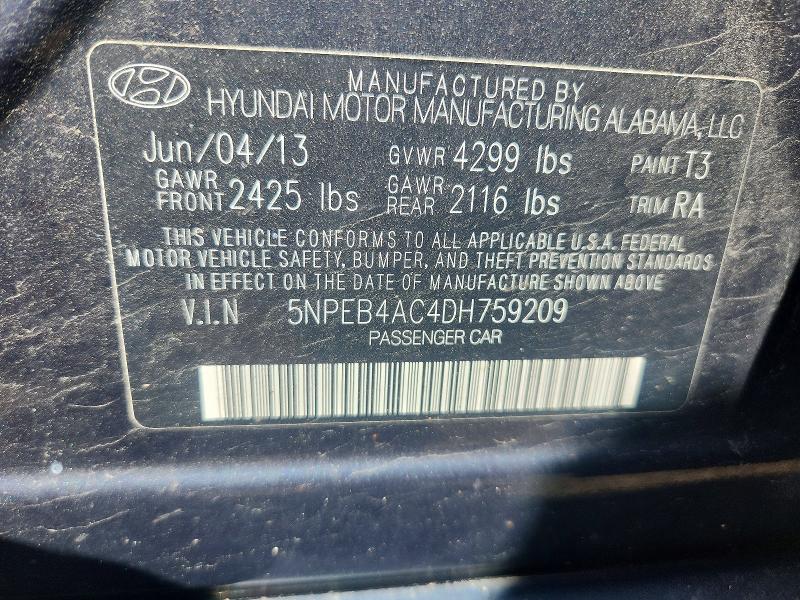 Aukcja sprzedaży 2013 Hyundai Sonata, vin: 5NPEB4AC4DH759209, numer aukcji: 55383816
