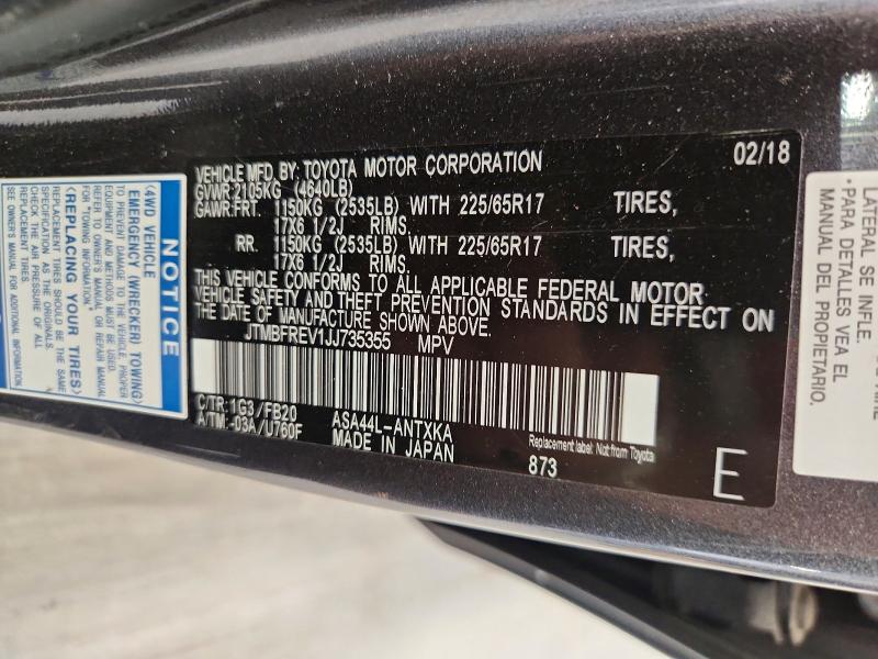 55356596 :رقم المزاد ، JTMBFREV1JJ735355 vin ، 2018 Toyota Rav4 مزاد بيع