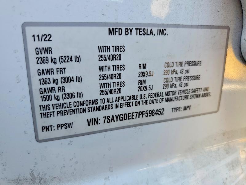52074326 :رقم المزاد ، 7SAYGDEE7PF598452 vin ، 2023 Tesla Model Y مزاد بيع