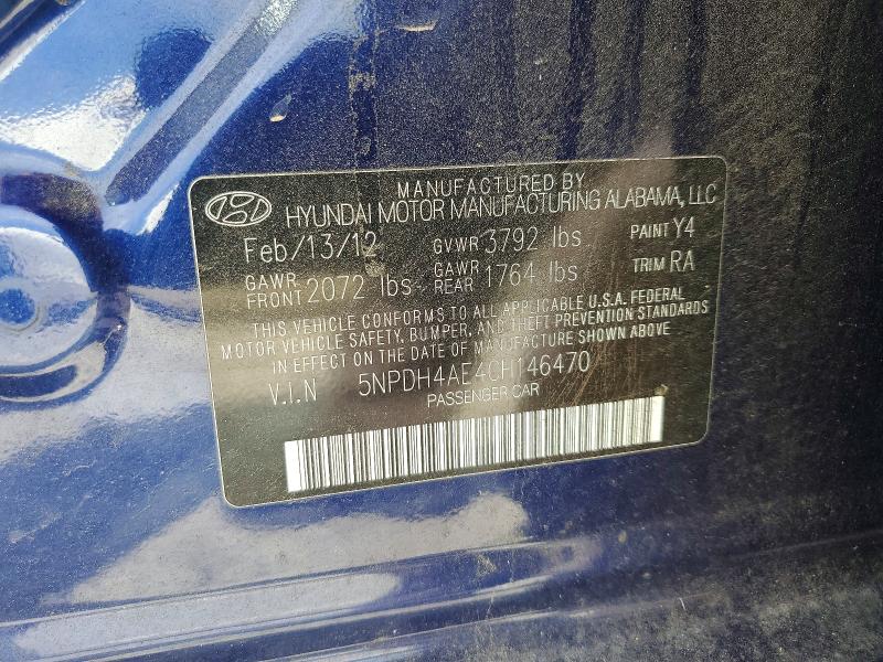 54279586 :رقم المزاد ، 5NPDH4AE4CH146470 vin ، 2012 Hyundai Elantra مزاد بيع