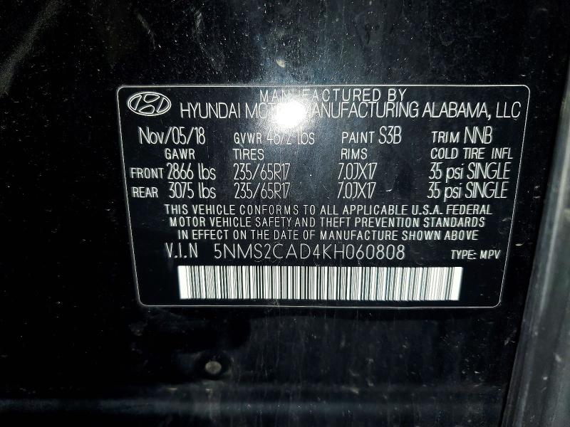 Продаж на аукціоні авто 2019 Hyundai Santa Fe, vin: 5NMS2CAD4KH060808, номер лоту: 53448926