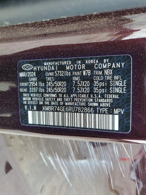2024 Hyundai Palisade მანქანა იყიდება აუქციონზე, vin: KM8R74GE6RU782866, აუქციონის ნომერი: 53063266