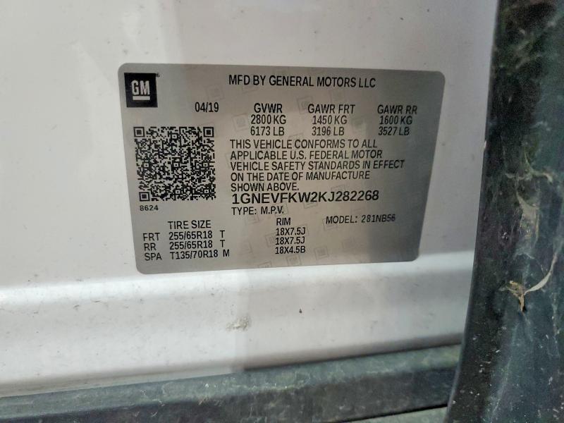Aukcja sprzedaży 2019 Chevrolet Traverse, vin: 1GNEVFKW2KJ282268, numer aukcji: 54406376