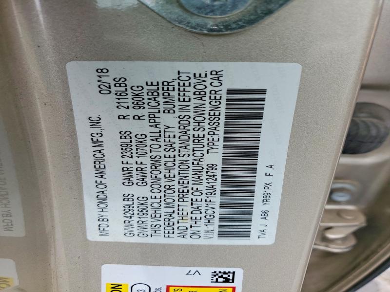 Продаж на аукціоні авто 2018 Honda Accord, vin: 1HGCV1F19JA124799, номер лоту: 52185036