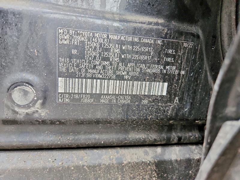 52568046 :رقم المزاد ، 2T3F1RFVXNW322758 vin ، 2022 Toyota Rav4 مزاد بيع