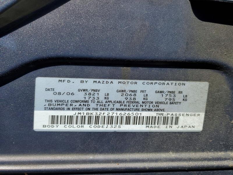 52606796 :رقم المزاد ، JM1BK32F271626501 vin ، 2007 Mazda 3 مزاد بيع