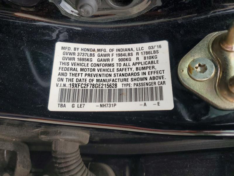 2016 Honda Civic მანქანა იყიდება აუქციონზე, vin: 19XFC2F78GE215628, აუქციონის ნომერი: 54605416