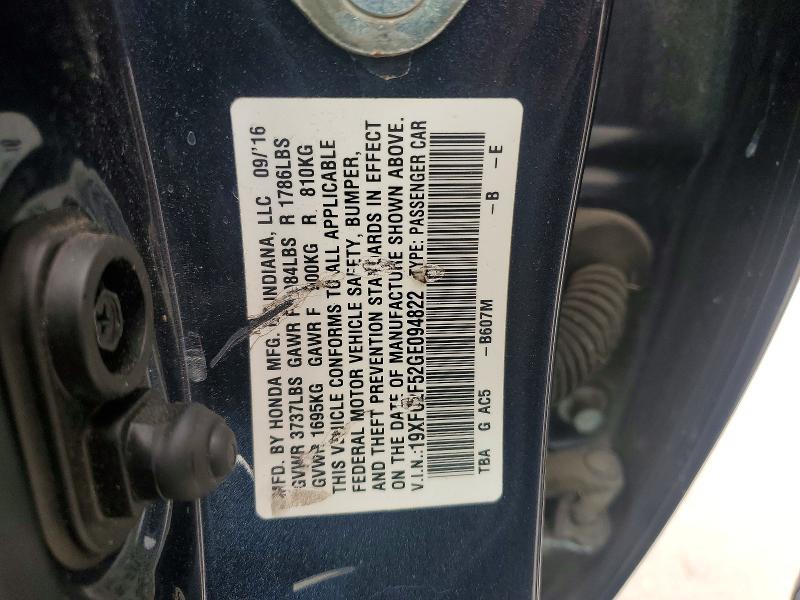 53773596 :رقم المزاد ، 19XFC2F52GE094822 vin ، 2016 Honda Civic مزاد بيع