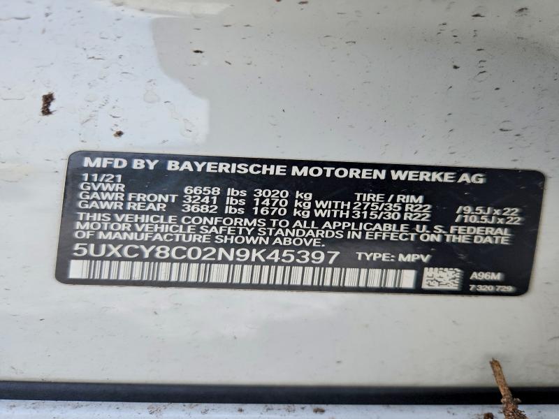2022 Bmw X6 მანქანა იყიდება აუქციონზე, vin: 5UXCY8C02N9K45397, აუქციონის ნომერი: 54915816