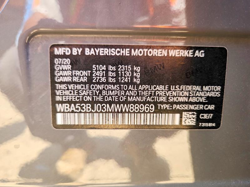 Aukcja sprzedaży 2021 Bmw 540, vin: WBA53BJ03MWW88969, numer aukcji: 53822476