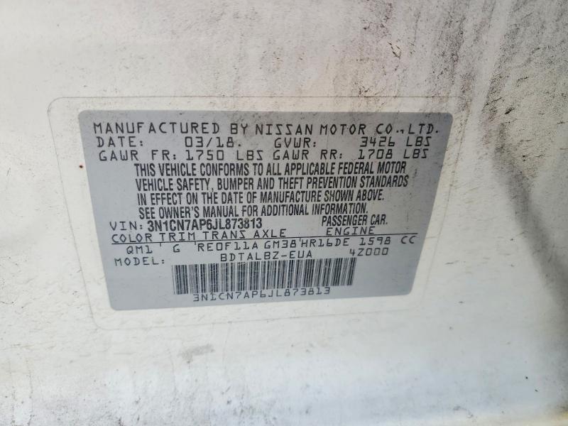 2018 Nissan Versa მანქანა იყიდება აუქციონზე, vin: 3N1CN7AP6JL873813, აუქციონის ნომერი: 52029196