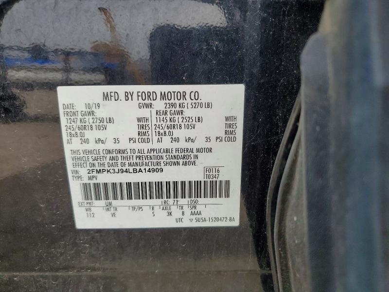 51516296 :رقم المزاد ، 2FMPK3J94LBA14909 vin ، 2020 Ford Edge مزاد بيع
