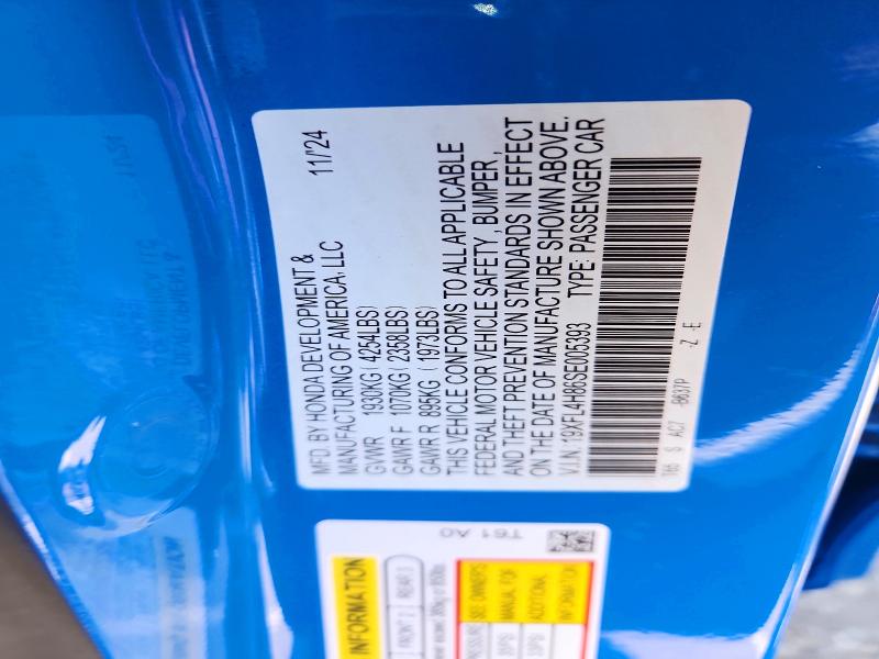 2025 Honda Civic მანქანა იყიდება აუქციონზე, vin: 19XFL4H86SE005393, აუქციონის ნომერი: 54712246