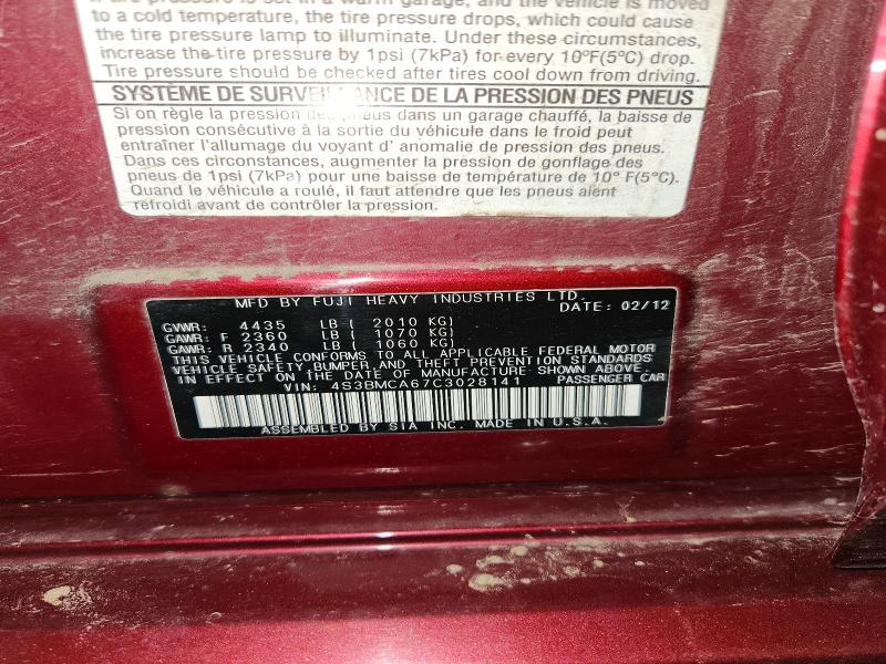 53067286 :رقم المزاد ، 4S3BMCA67C3028141 vin ، 2012 Subaru Legacy مزاد بيع