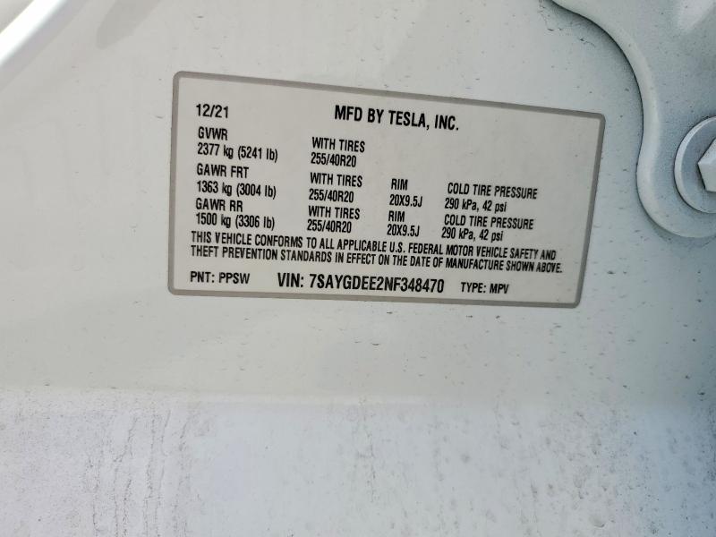 51759566 :رقم المزاد ، 7SAYGDEE2NF348470 vin ، 2022 Tesla Model Y مزاد بيع