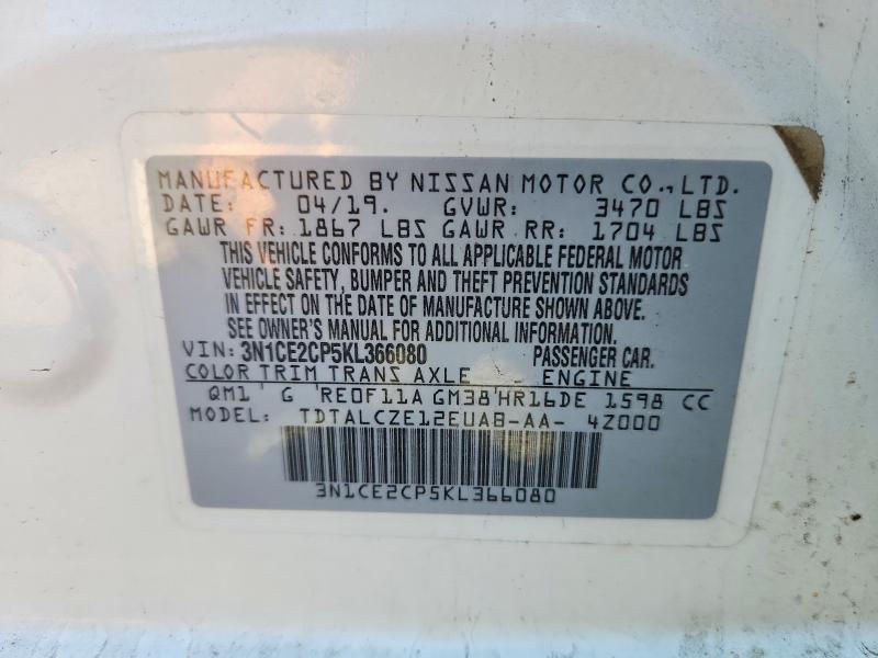2019 Nissan Versa Note მანქანა იყიდება აუქციონზე, vin: 3N1CE2CP5KL366080, აუქციონის ნომერი: 52071676