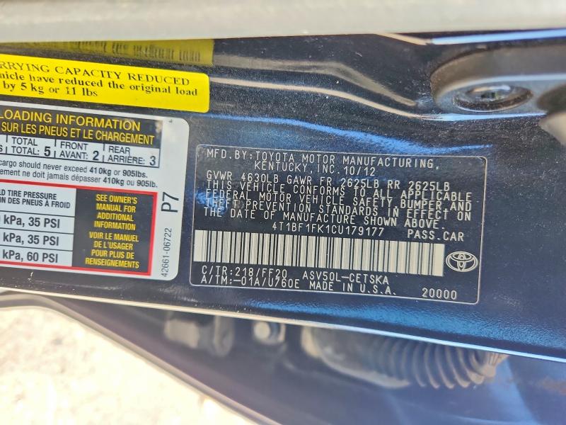 52123926 :رقم المزاد ، 4T1BF1FK1CU179177 vin ، 2012 Toyota Camry مزاد بيع