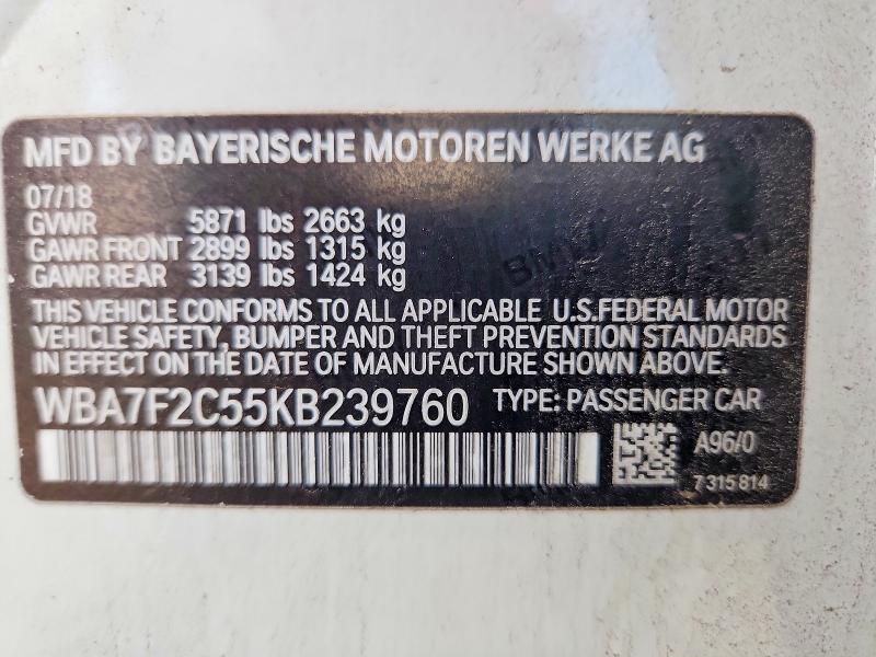 Aukcja sprzedaży 2019 Bmw 750, vin: WBA7F2C55KB239760, numer aukcji: 54017076
