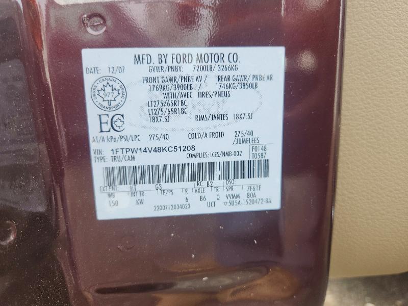Auction sale of the 2008 Ford F150, vin: 1FTPW14V48KC51208, lot number: 54687346