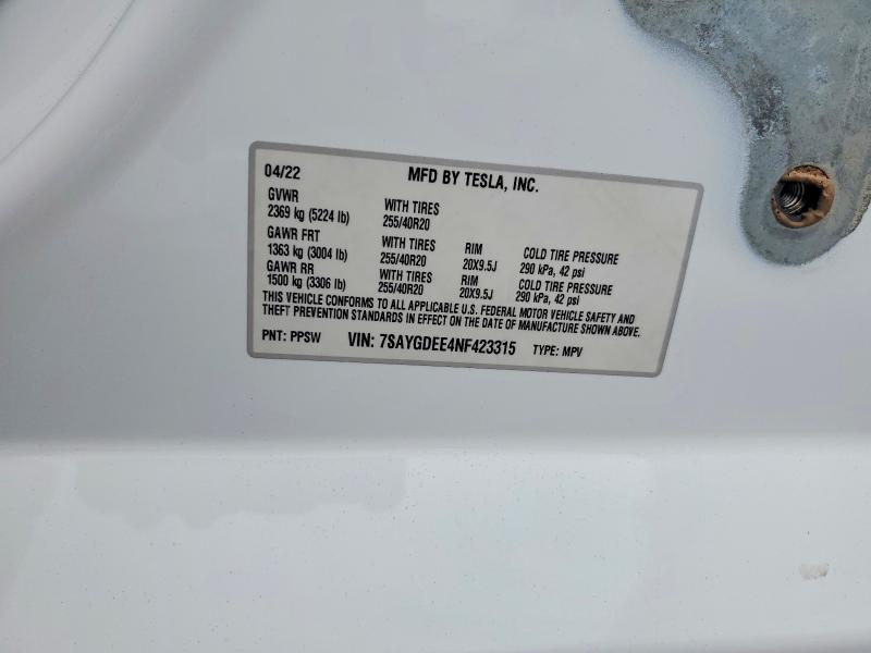 2022 Tesla Model Y მანქანა იყიდება აუქციონზე, vin: 7SAYGDEE4NF423315, აუქციონის ნომერი: 54298926