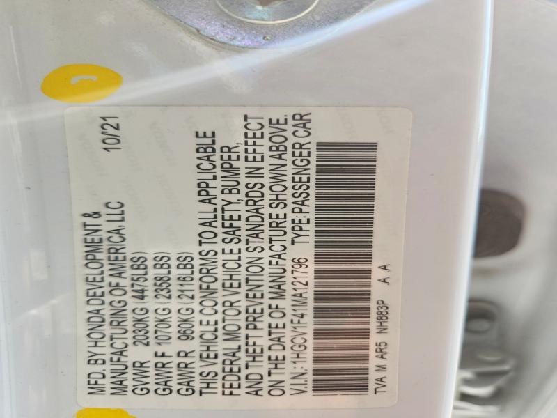 53890866 :رقم المزاد ، 1HGCV1F41MA121796 vin ، 2021 Honda Accord مزاد بيع