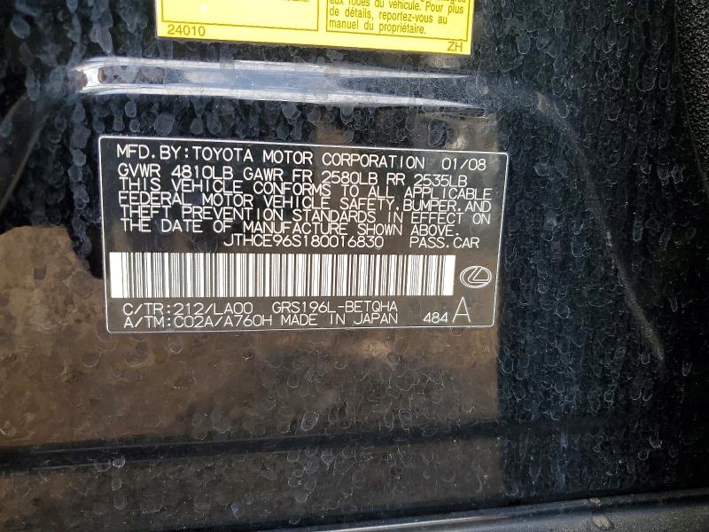 Aukcja sprzedaży 2008 Lexus Gs, vin: JTHCE96S180016830, numer aukcji: 52782856