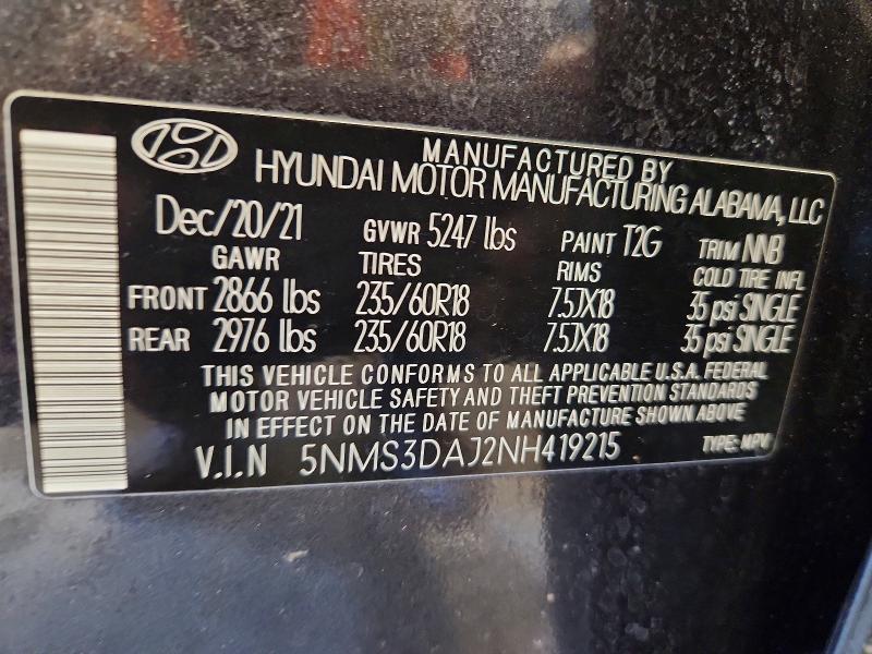 Продаж на аукціоні авто 2022 Hyundai Santa Fe, vin: 5NMS3DAJ2NH419215, номер лоту: 53886366